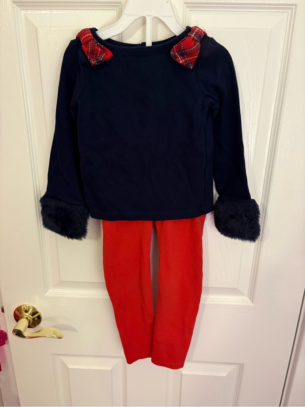 Janie and Jack Navy Top with Red Plaid Bows and Red Pants Matching Set
